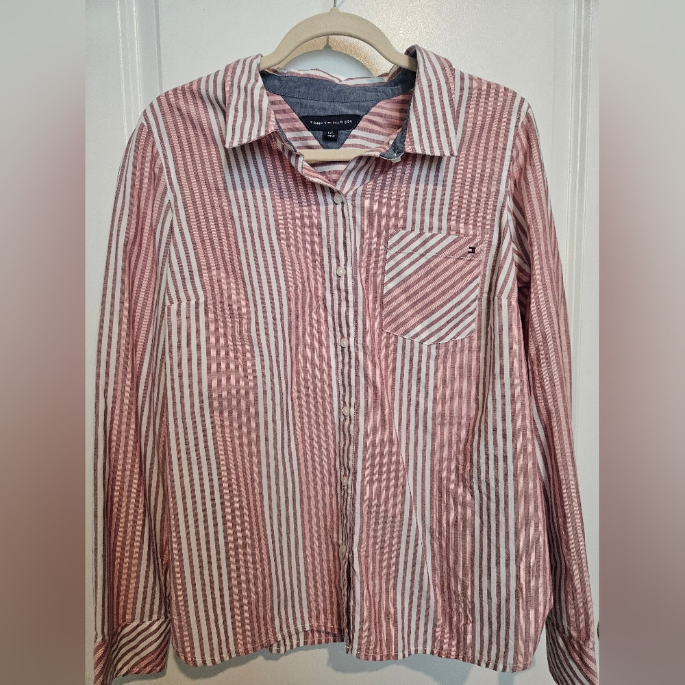 Tommy Hilfiger pink and blue striped button up size L